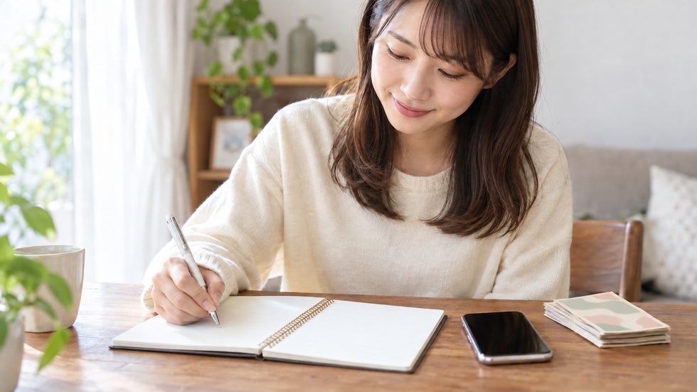 チャットレディの収入記録をつける様子(ノートと現金)
