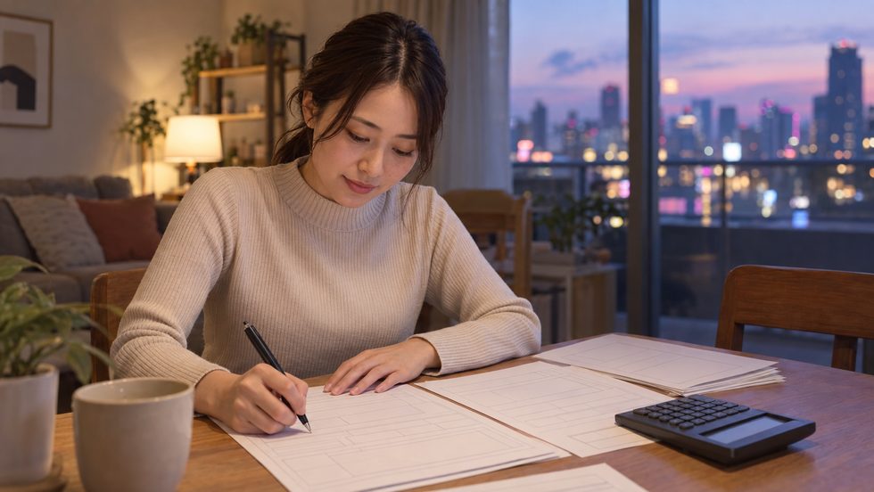 確定申告書類を記入するイメージ(自宅での作業)