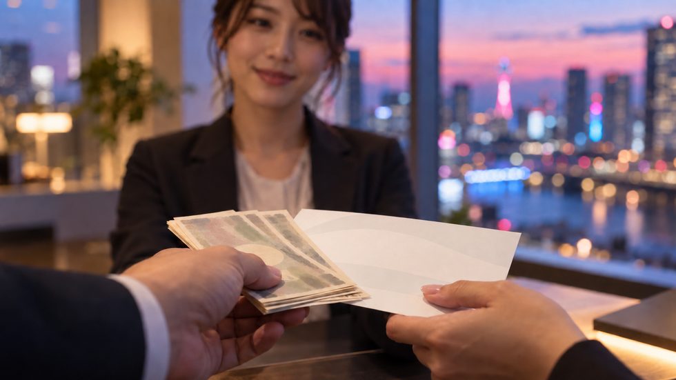 チャットレディの日払い報酬を受け取る様子（現金支払い）