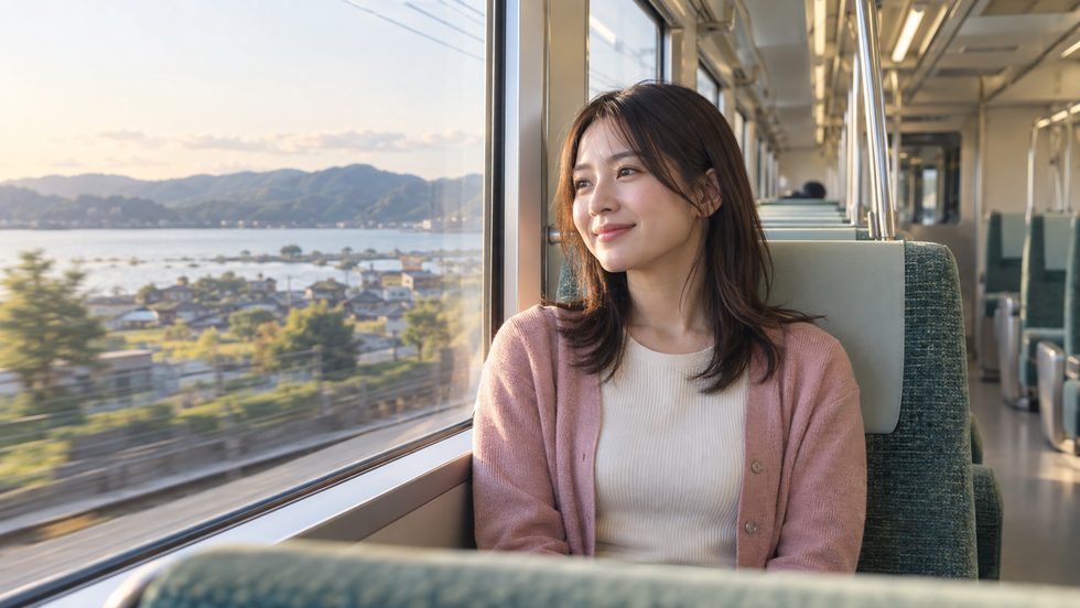 滋賀から大阪へ向かうJR琵琶湖線の新快速車内