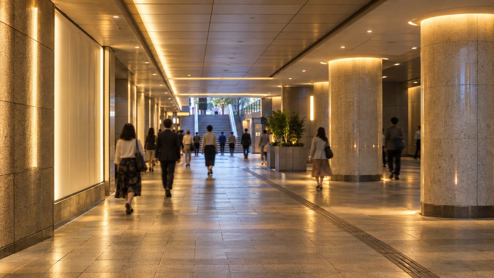 梅田F-85出口付近の地下街を歩く通勤者（夜の風景）