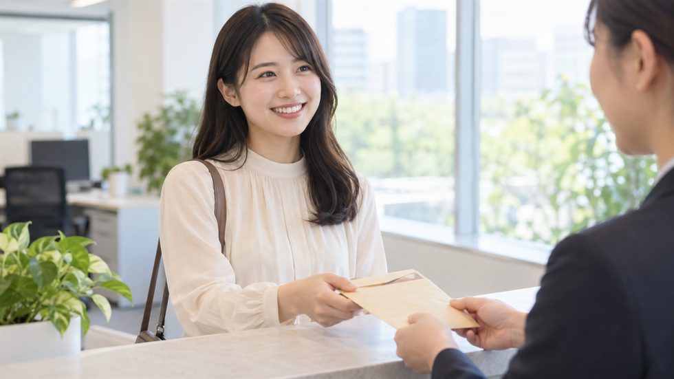 事務所のカウンターで日払い現金を受け取る女性
