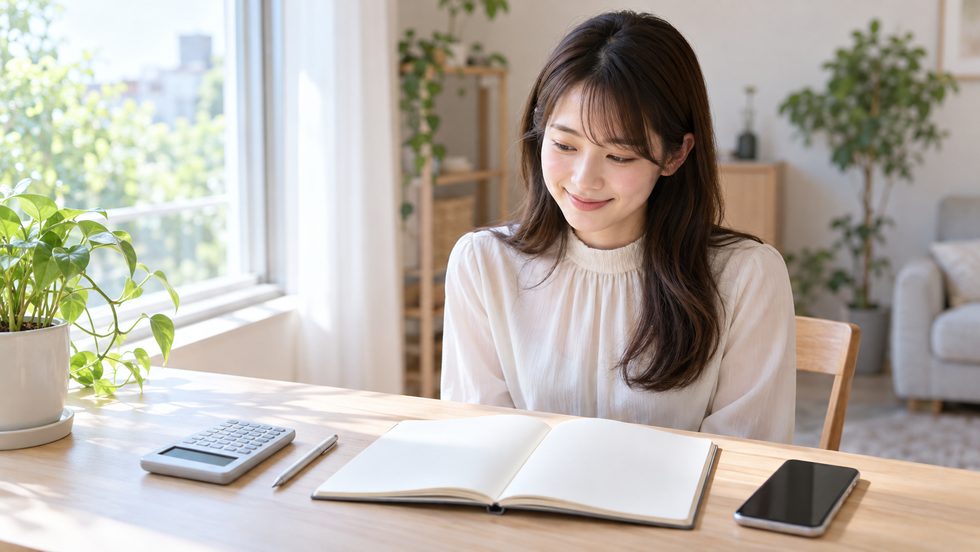 確定申告の準備のために月ごとの収入を記録するノートと電卓
