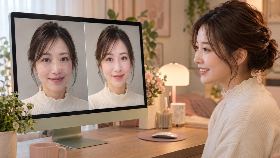加工カメラの効果を示すモニター画面（美肌フィルター適用前後）
