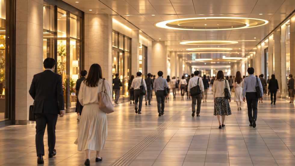 梅田駅周辺の地下街を歩く仕事帰りの人たち(大阪・梅田)