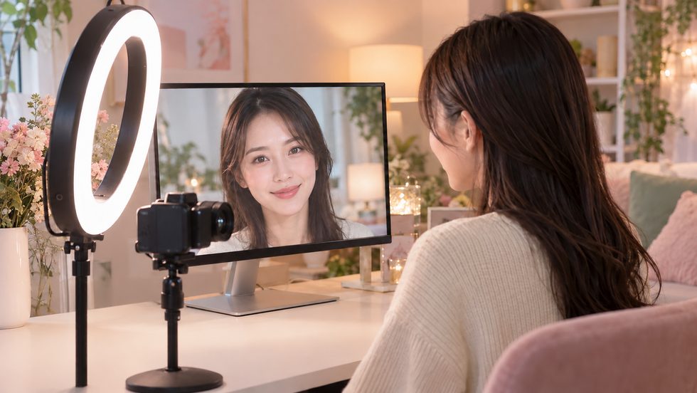 リングライトとカメラ、加工カメラの映りを確認するモニター