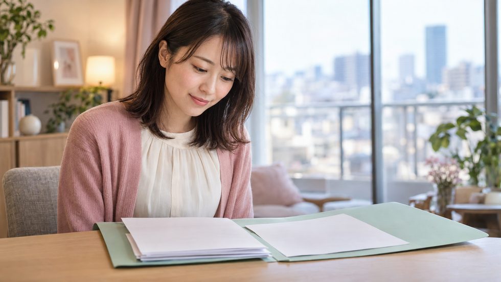 確定申告書類と源泉徴収票の違いを確認する女性(大阪)