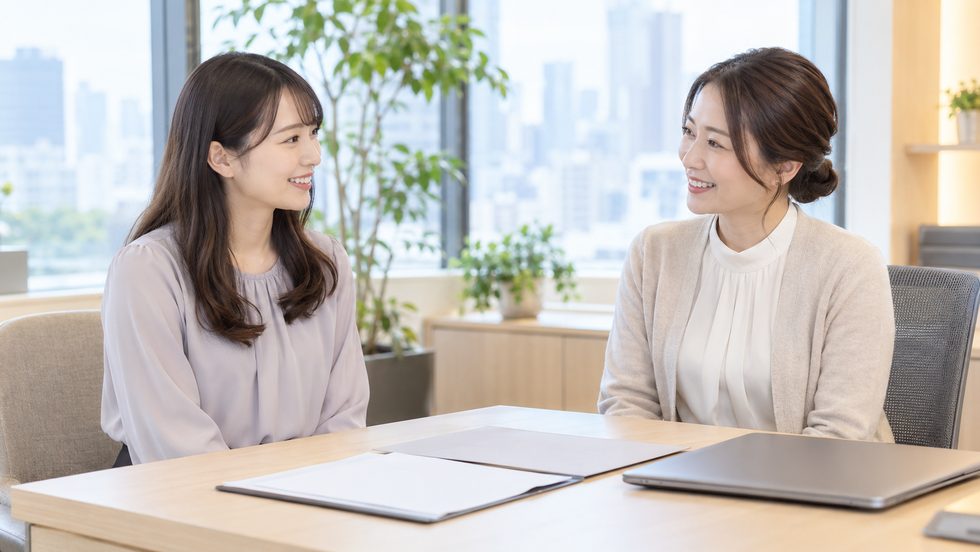 大阪梅田のチャットレディ事務所で税務相談に乗る女性スタッフ