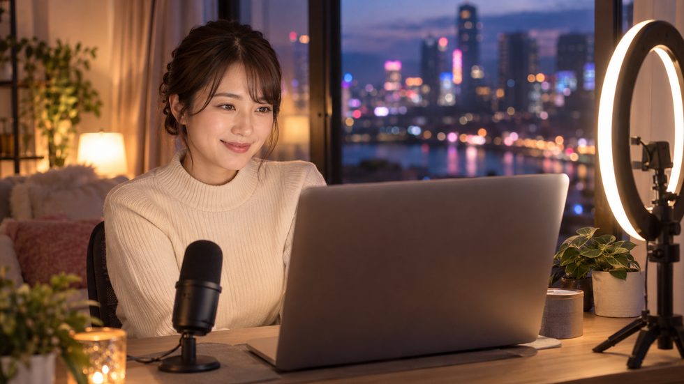 在宅チャットレディの配信環境セットアップ(リングライト・ノートPC・マイク)