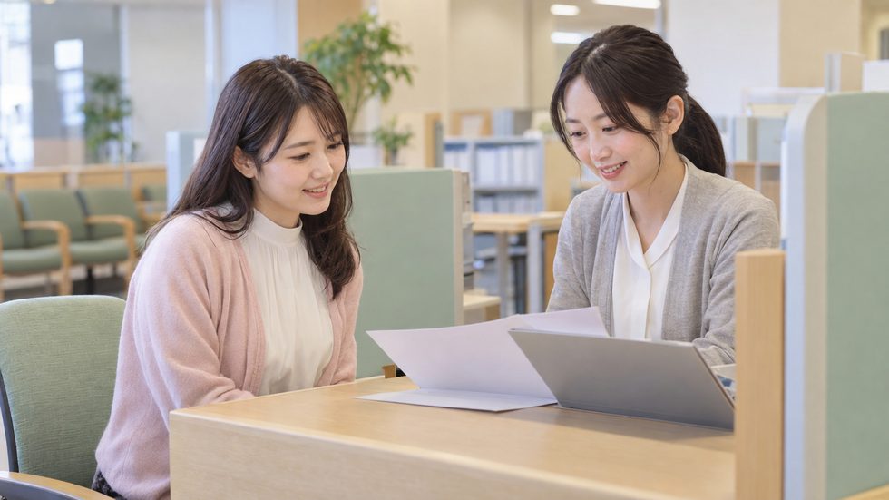 税務署の窓口で確定申告の書き方を相談している様子