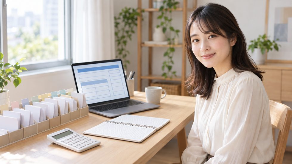 確定申告の準備風景（月別レシート・帳簿・電卓・e-Tax画面）