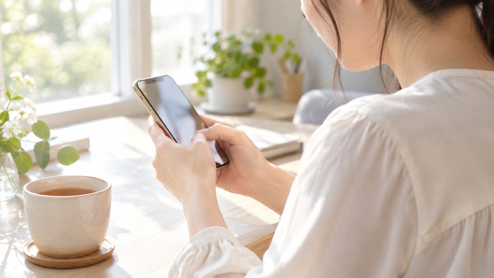 チャットのあとにスマホで短いお礼メールを打つ女性の手元