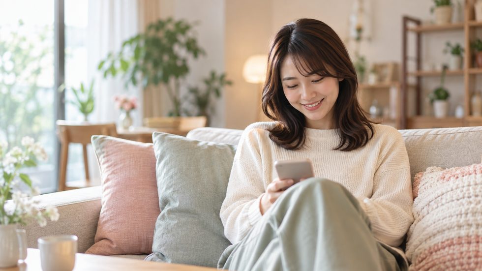 お客さんからの返信をスマホで読んで微笑む女性