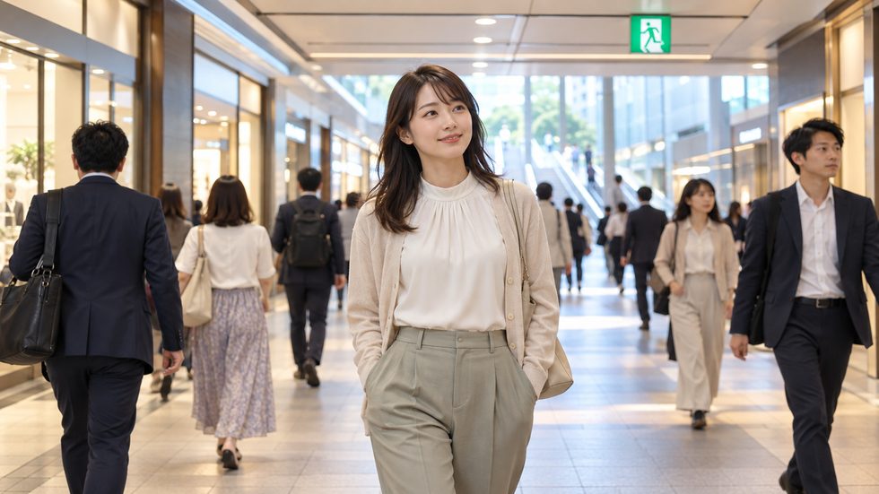 梅田の地下街を歩く通勤客の様子（梅田駅の出口へ向かう通路のイメージ）