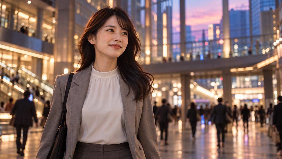 仕事帰りに梅田駅の構内を歩く女性のイメージ