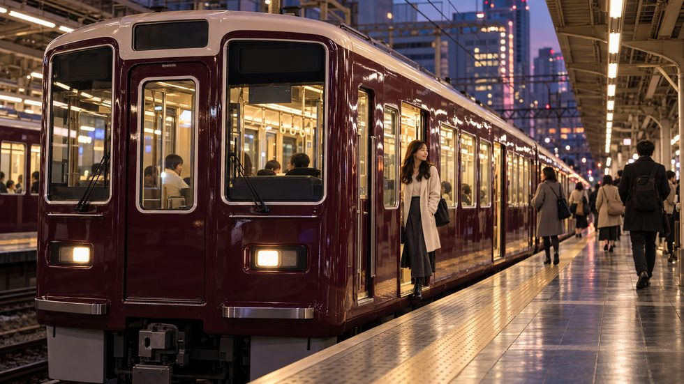 阪急大阪梅田駅のホームに停車する阪急電車