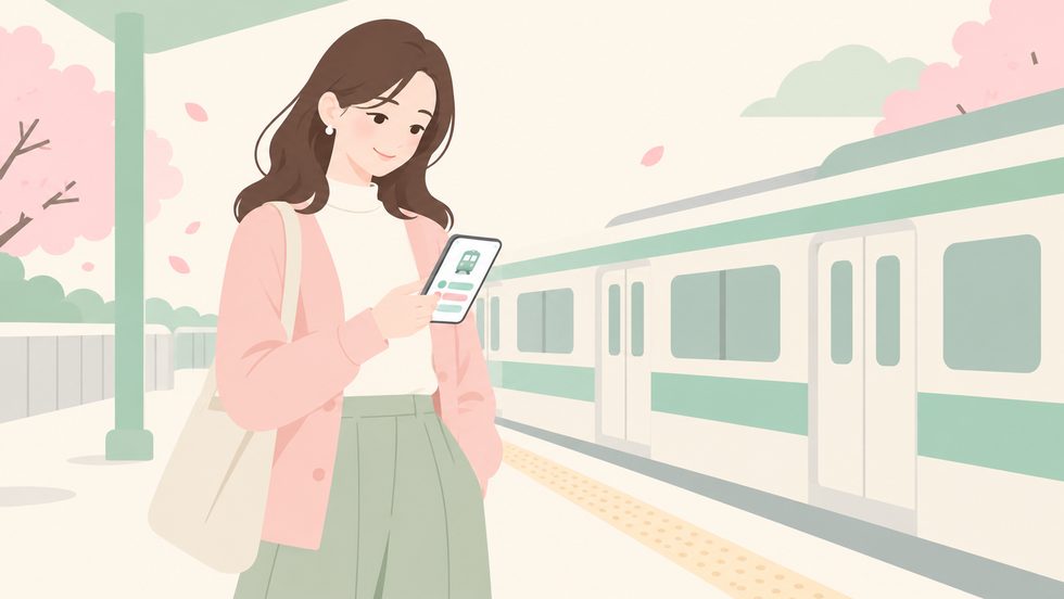 駅のホームで乗換案内アプリを開き、電車の時刻を調べる女性のイメージ