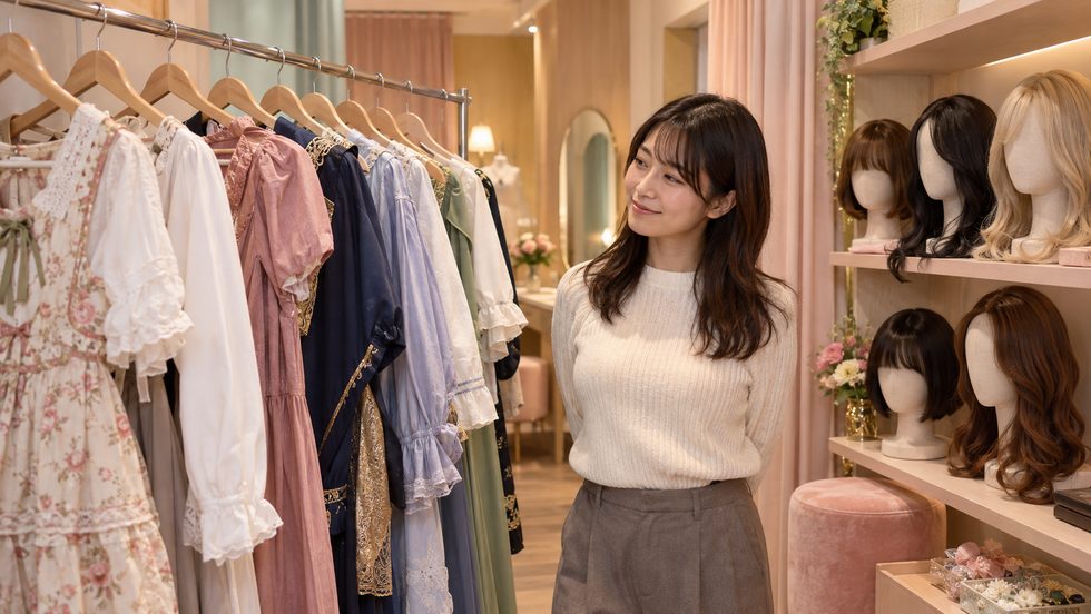 チャットレディ事務所の衣装とウィッグのレンタル棚のイメージ