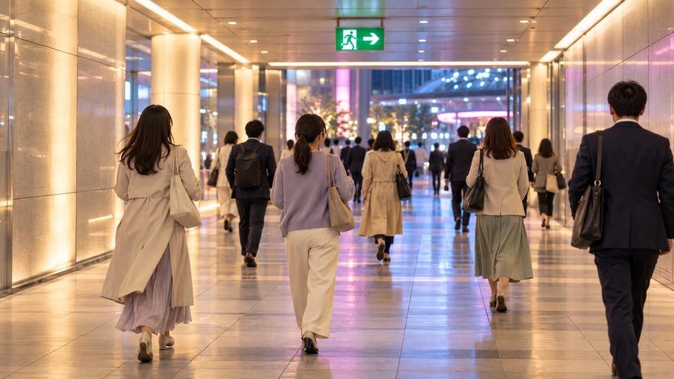 梅田駅の地下街を歩く通勤風景と出口の案内表示(大阪・梅田)
