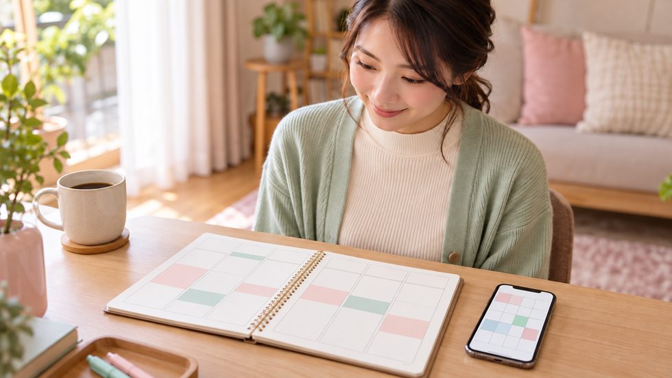 副業の1週間のスケジュールを手帳とスマホで組んでいるイメージ
