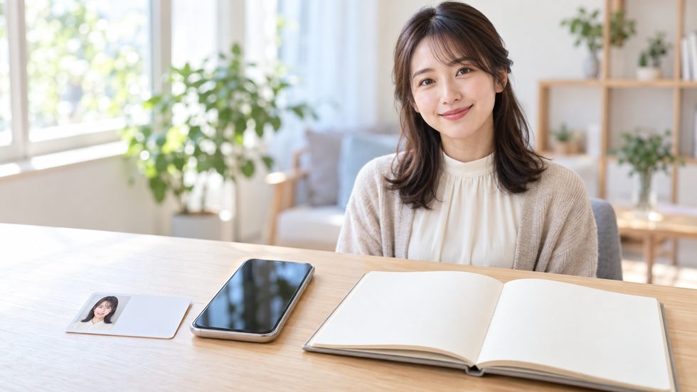 面接に持っていく顔写真付き身分証とスマホを机に並べたイメージ