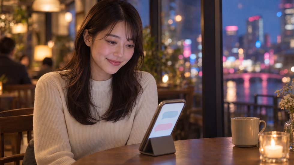公式LINEで事務所に相談しているイメージ(スマートフォンを見る女性)