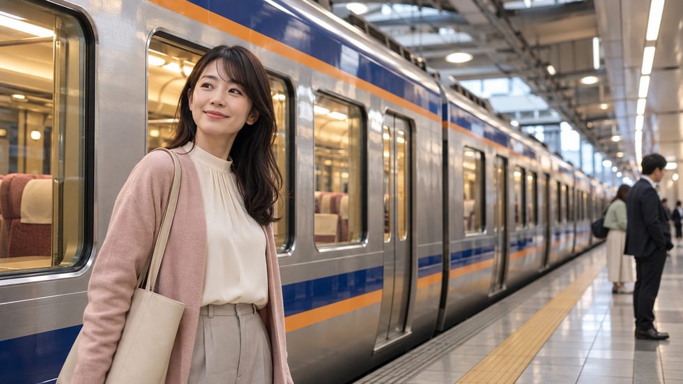 南海本線の電車が停車する難波駅のホーム（大阪）