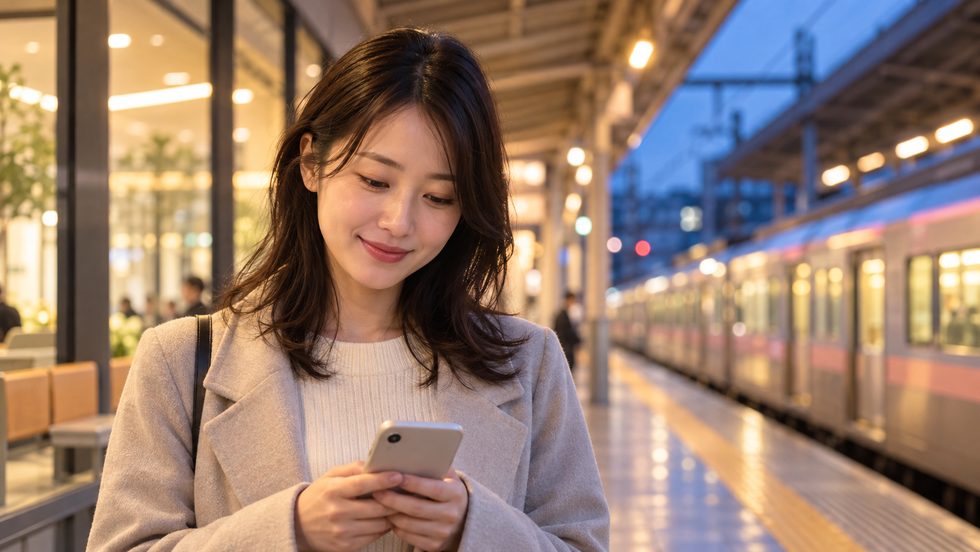 神戸方面から梅田へ向かう電車のホームで時刻を調べる女性