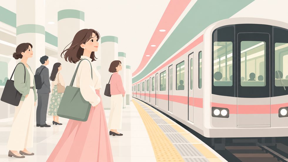 御堂筋線のホームに電車が入ってくる様子（梅田へ向かう通勤風景）