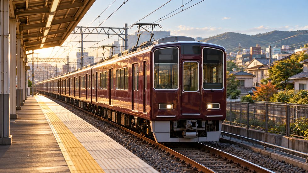 阪急宝塚線の電車と駅のホーム(池田・石橋阪大前から梅田へ向かう通勤のイメージ)