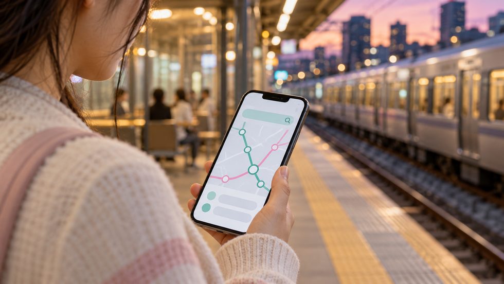 乗換案内アプリで終電の時刻を調べるスマホの画面（駅のホーム）
