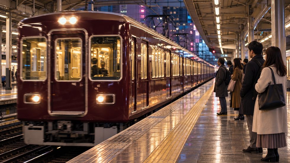 阪急大阪梅田駅のホームに電車が到着する通勤風景