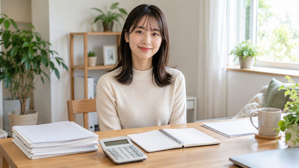 確定申告の書類と電卓、ノートを広げた机の上